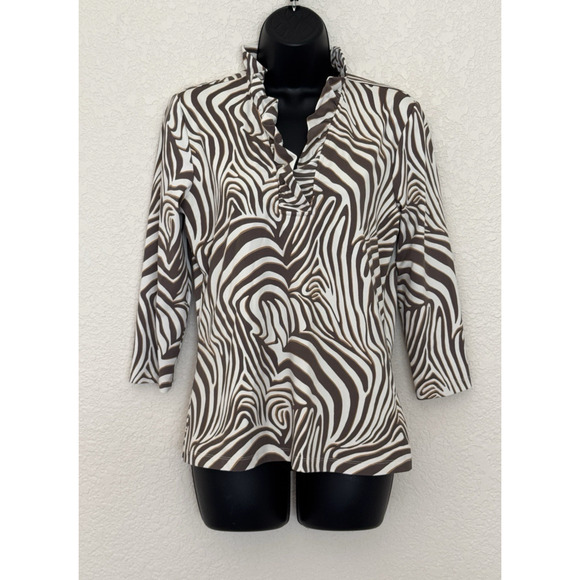 J. McLaughlin Durham Ruffle Neck Top 3/4 Sleeve Catalina Cloth Multicolor M - Picture 1 of 11